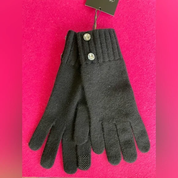 NWT SAKS FIFTH AVENUE BLACK LADIES' GLOVES WITH DOUBLE RHINESTONE DETAIL - Picture 2 of 5